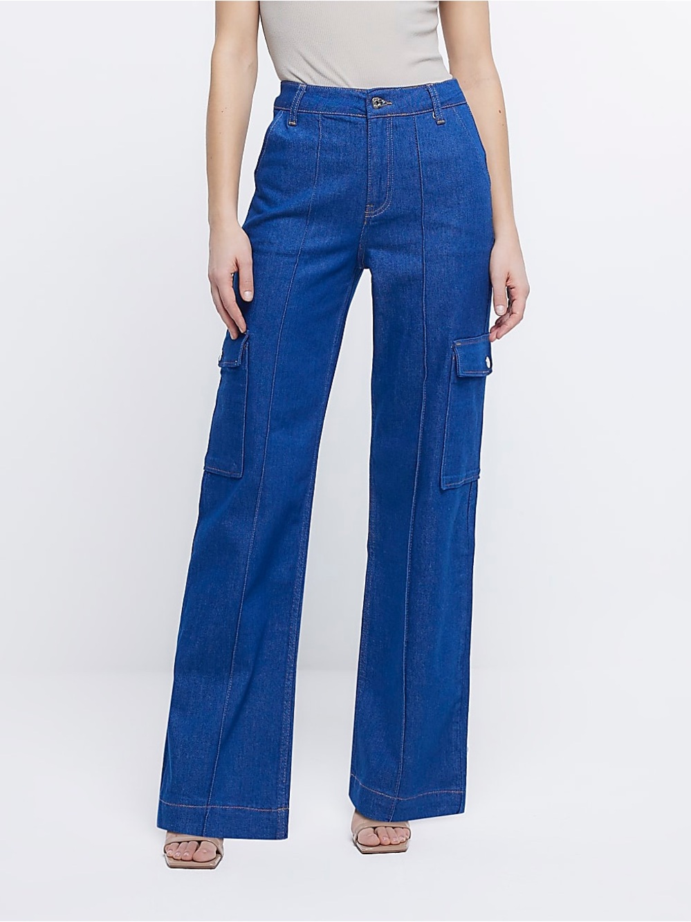 River Island Blue Wide-Leg Cargo Jeans